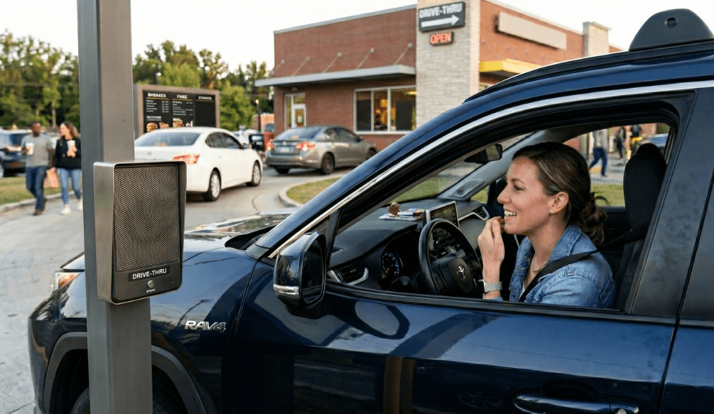 Customer ordering at a drive-thru speaker from her car.
