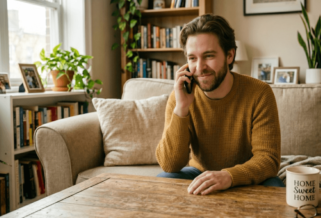 Customer in a cozy living room placing a phone order from his couch.